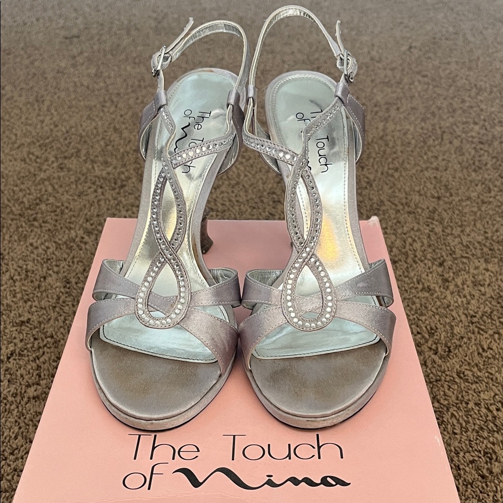 Touch of Nina Silver Crystal-Accent T-Strap Heels